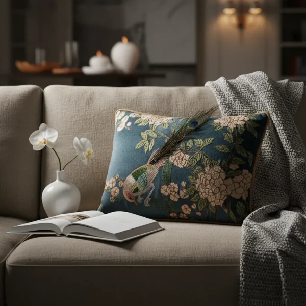 Glint Multi Colour Embroidery with Feather Cushion Cover