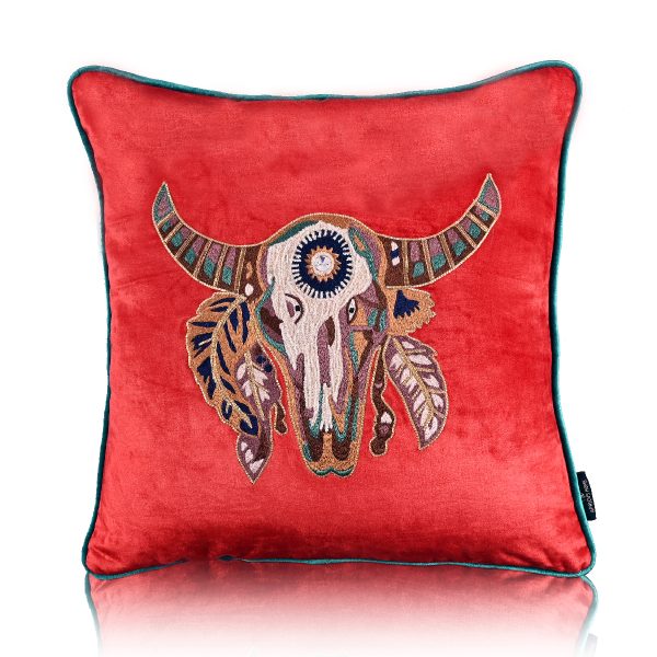 Bison Multi Colour Hand Embroidery Crimson Red Cushion Cover